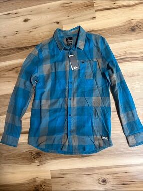 Quiksilver Blue and Gray Plaid Button-Down Shirt